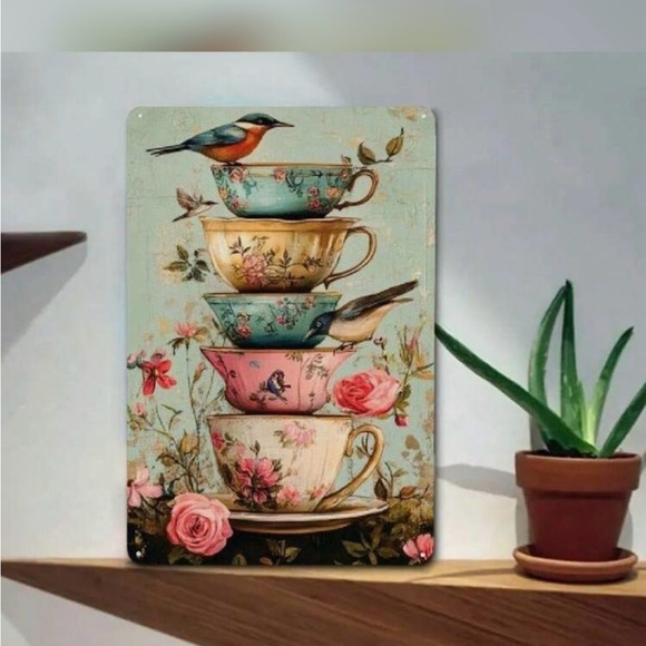 Vintage Bird And Floral Teacup Metal Sign, Country Style Wall Decoration - Picture 2 of 5